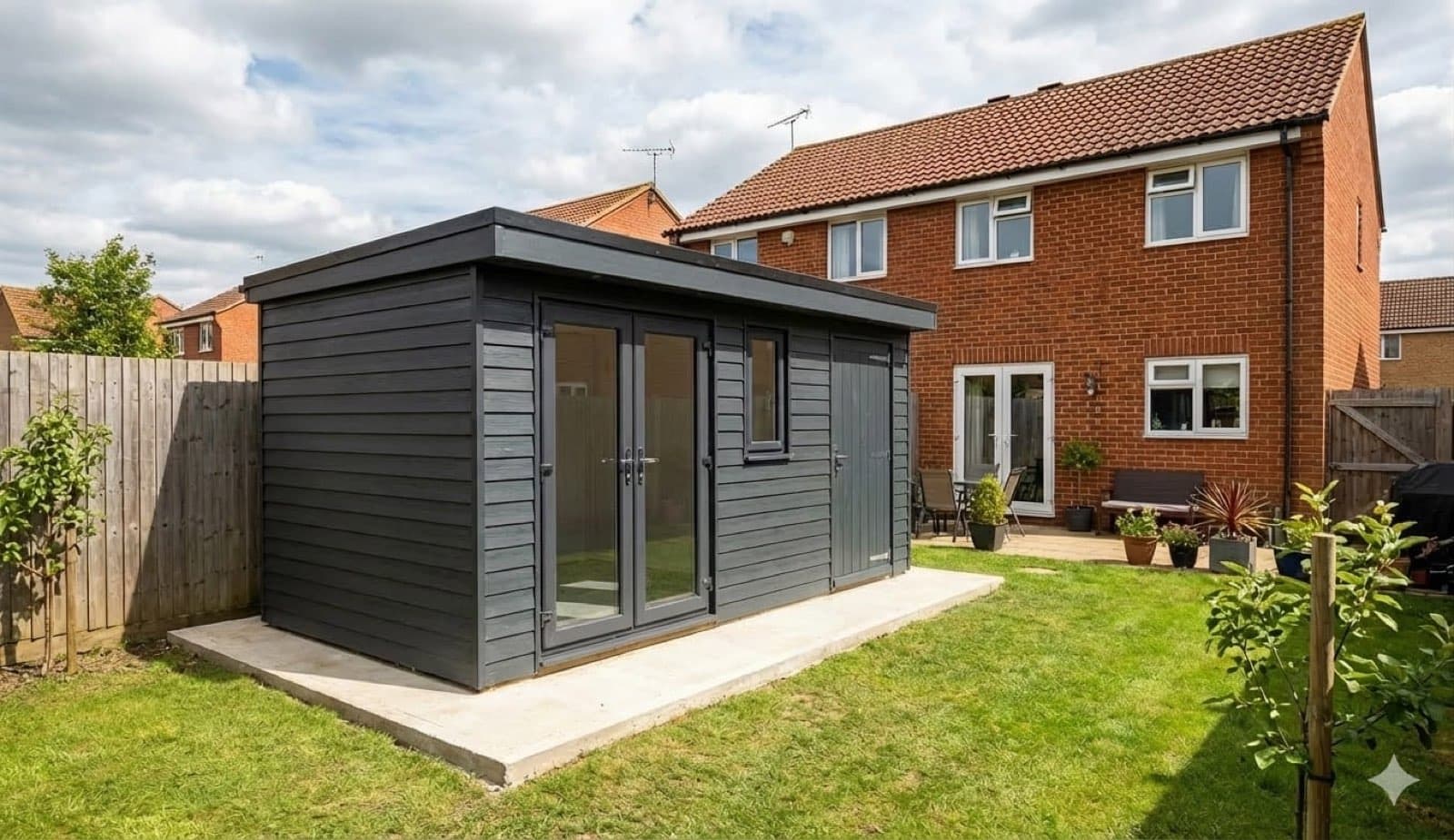 Anthracite composite garden room with bifold doors and a separate store door, on a concrete base behind a modern house