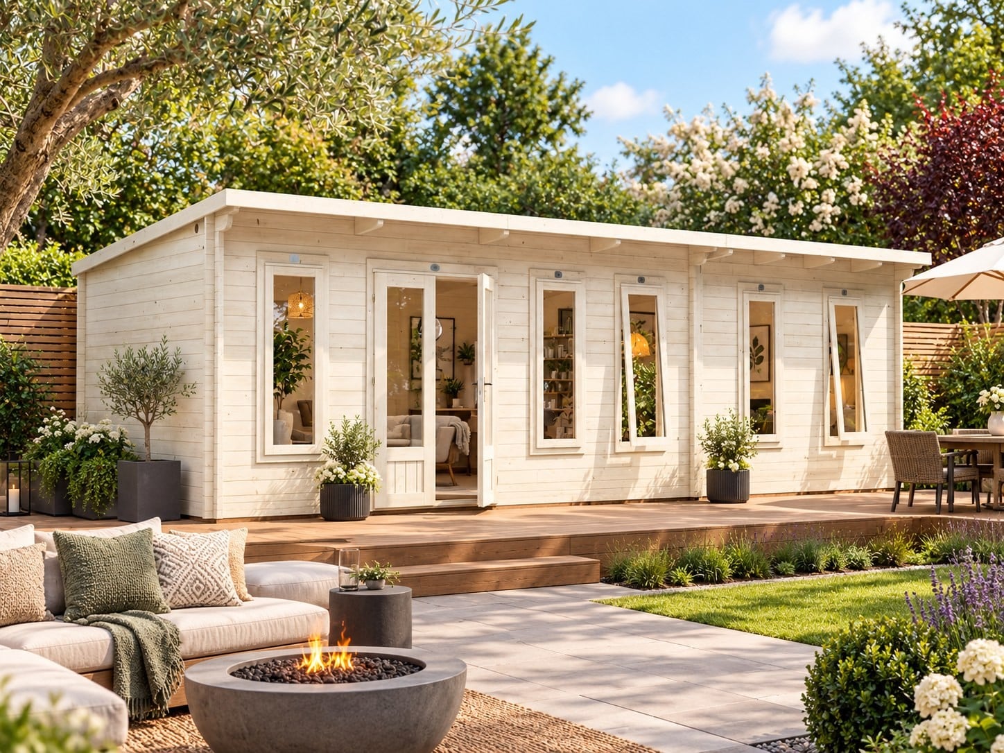 An 8 x 3 metre Lynx Lair insulated log cabin with full-width glazed doors, installed on a garden terrace
